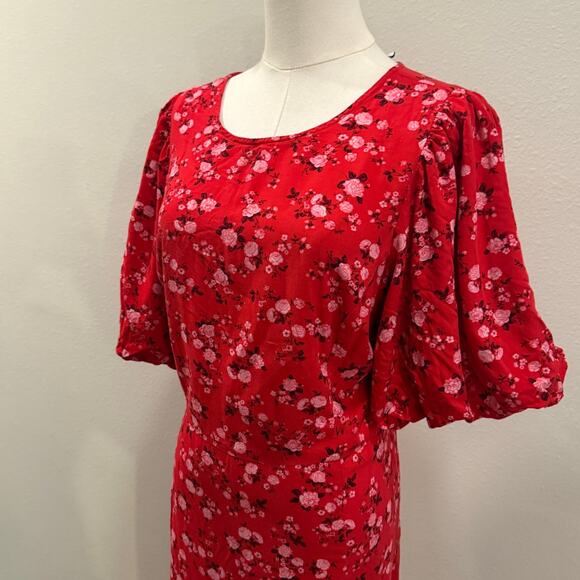Old Navy Red Floral Puff Sleeve Midi Dress XL Smocked Open Back Cottagecore - Picture 4 of 8